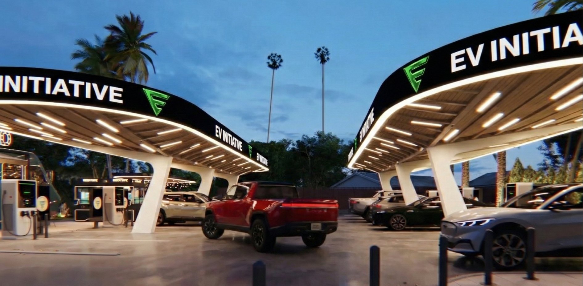 Architectural rendering of EVII Mission Hills at dusk: two illuminated EV Initiative branded canopies over the charging bays, EVI V4 posts along the left edge, cars parked and charging beneath.