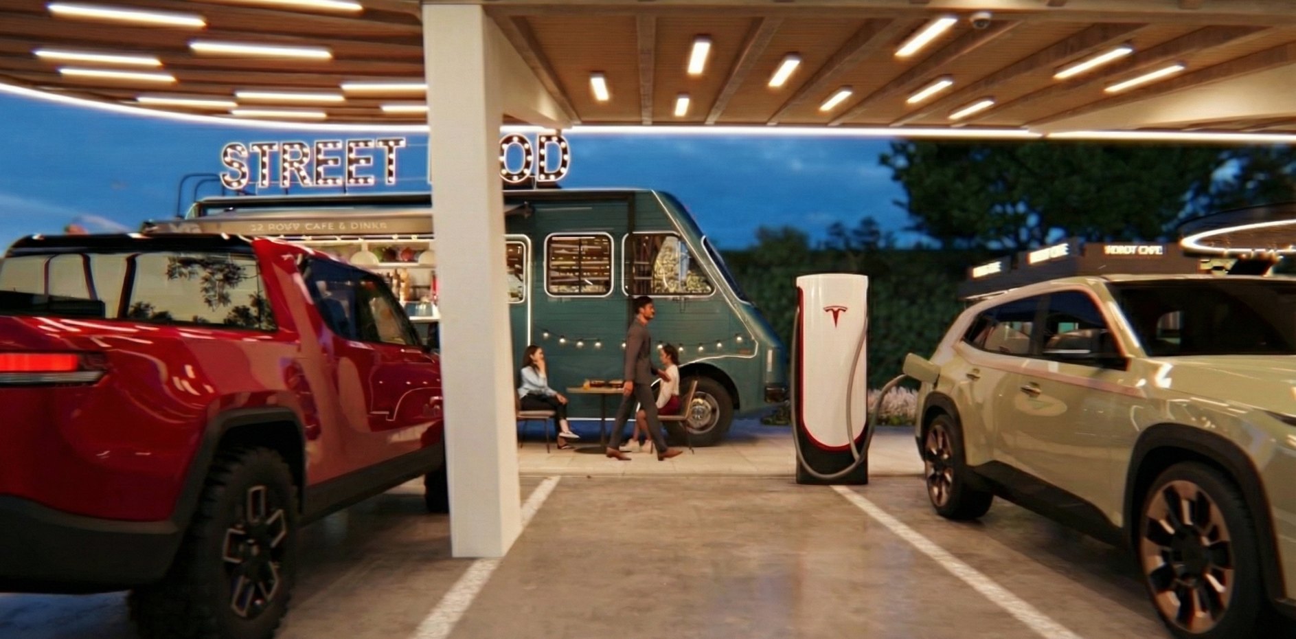 Architectural rendering of the EVII Mission Hills forecourt at dusk: a street food truck under a lit marquee, guests seated at a table, a V4 charging post serving a vehicle, and the robot cafe signage beyond.