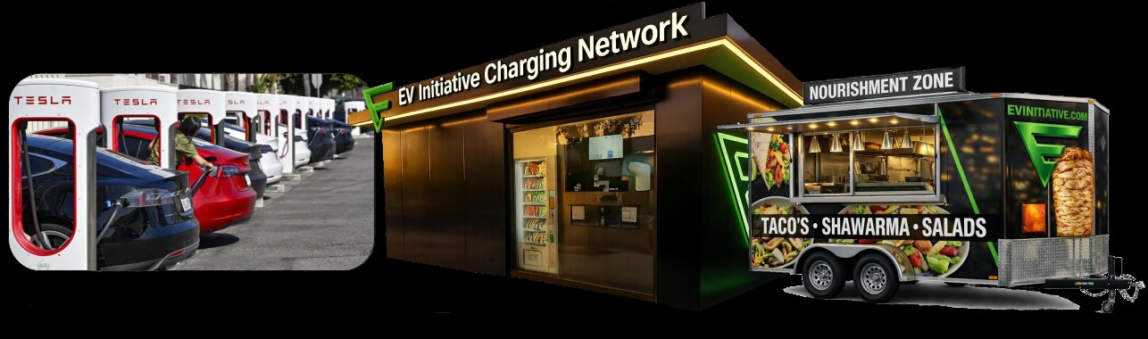EVI V4 Supercharger infrastructure, amenity building, and Nourishment Zone food trailer