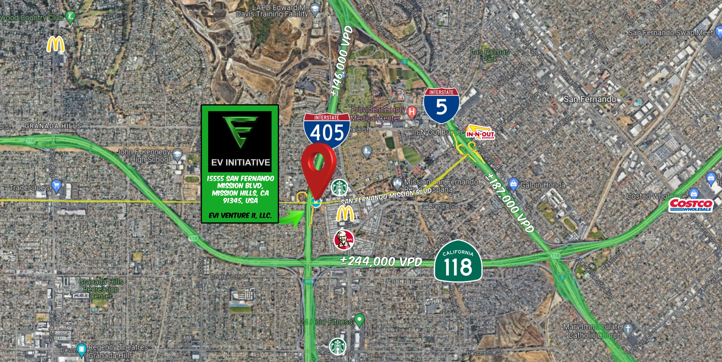 Trade area map for EVII Mission Hills showing the drive-time catchment around the I-405, I-5 and SR-118 convergence in the San Fernando Valley, Los Angeles.